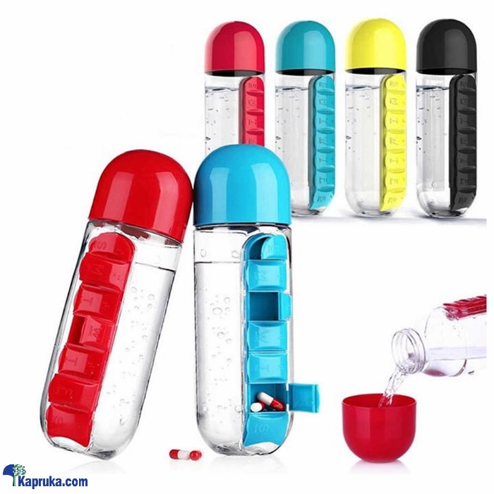 2 in 1 pill & vitamin organizer- 600ml water bottle & 7days medicine/Vitamin compartment(color may vary) Online at Kapruka | Product# pharmacy00524