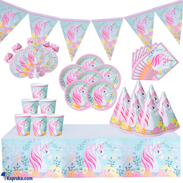 7 In 1 Unicorn Birthday Decorations With Birthday Flags, 6 Hats, Plates , Napkins, Blow Outs Whistles And Table Cloth AJ0573 Online at Kapruka | Product# partyP00201