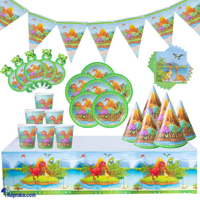 7 In 1 Dinosaur Birthday Decorations With Birthday Flags, 6 Hats, Plates , Napkins, Blow Outs Whistles And Table Cloth- AJ0571 Online at Kapruka | Product# partyP00202