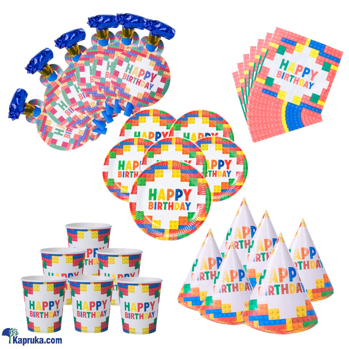 5 In 1 Blocks Birthday Decorations With 6 Plates, Cups, Hats, Napkins And Blow Outs Whistles AJ0443 Online at Kapruka | Product# partyP00200