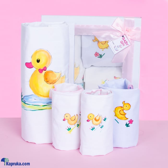 New Born Baby Girl Gift Pack- New Born Gift Hamper - Fabric Hand Painted Floating Duck Theme Cot Sheet, Pillow Cases, And Bath Towel Online at Kapruka | Product# babypack00796