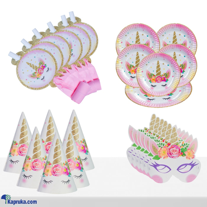 4 In 1 'unicorn' Birthday Celebration Pack With Eye Masks, Paper Cups, Hats, Plates And Blowout Whistles 0832066 Online at Kapruka | Product# partyP00203