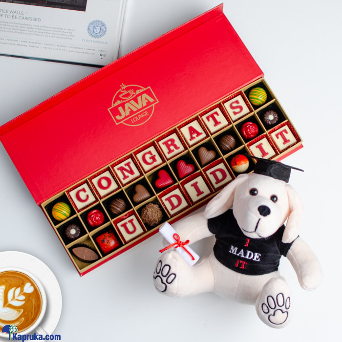 Sweet Success Gift Ensemble - JAVA CONGRATS U DID IT Chocolate & Graduation Dog Small Online at Kapruka | Product# giftset00458