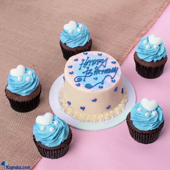 Celebratory Duo Blue - Happy Birthday Mini Bento Chocolate Cake And Cupcake Online at Kapruka | Product# cake00KA001539