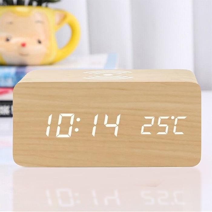 Wooden Alarm Clock With Wireless Charging - Digital Clock Online at Kapruka | Product# household00999