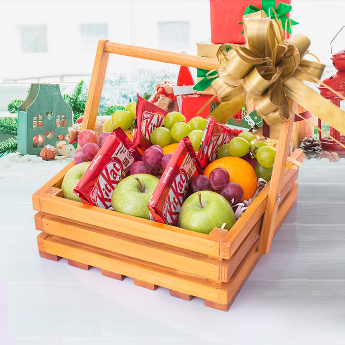 Fruits And Chocolate Delights In A Wooden Tray Treat Online at Kapruka | Product# fruits00241