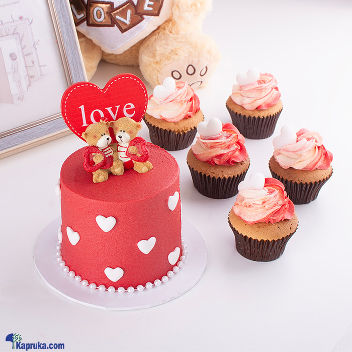 Sweet Embrace Ribbon Bento Cake With Five Cupcakes Assortment Online at Kapruka | Product# cake00KA001602