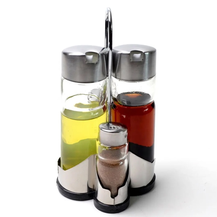 4pcs Glass Spice Set With Metal Rack Glass Salt Pepper Oil And Vinegar Condiment Cruet Set With Stainless Steel Lid Cover Online at Kapruka | Product# household001092