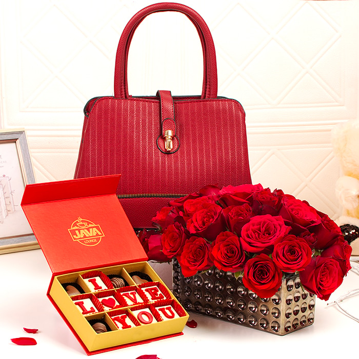 Couture Love Collection - 30 Red Rose Blooms With Handbag And Java Chocolate Assortment Online at Kapruka | Product# flowers00T1591