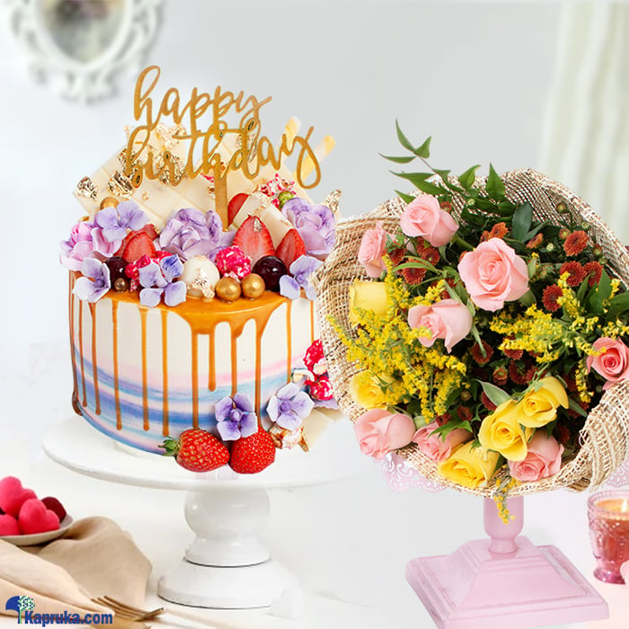 Floral Festivity Birthday Combo Pack Delight Cake With Flower Bouquet Online at Kapruka | Product# combockfl3