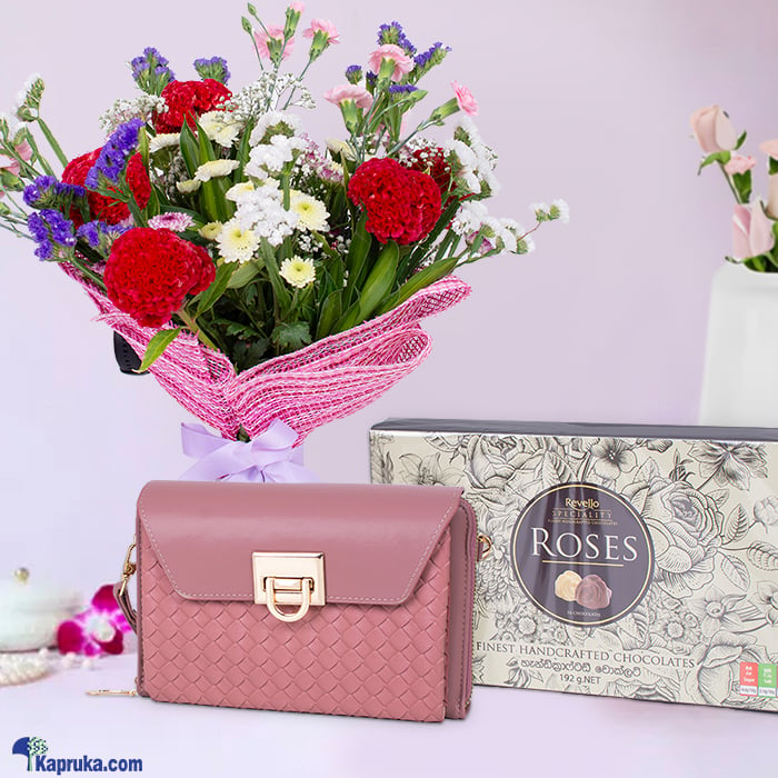 Rosey Revello Bundle - Shoulder Bag With Flower Bouquet And Revello Chocolate - For Birthday, For Her Online at Kapruka | Product# combogifl5