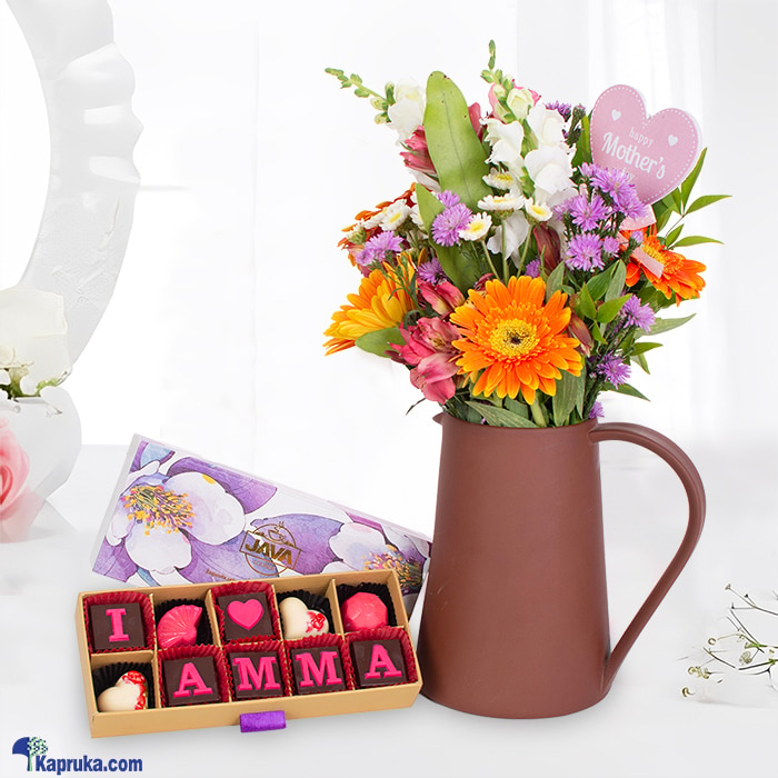 Love For Amma Floral Delight - Flower Arrangement With Java I Love Amma'10- Piece Chocolate Box Online at Kapruka | Product# flowers00T1634