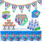 7 In 1 PJ Mask Birthday Decorations With Birthday Flags, 6 Hats, Plates , Napkins, Blow Outs Whistles And Table Cloth AJ0501