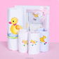 New Born Baby Girl Gift Pack- New Born Gift Hamper - Fabric Hand Painted Floating Duck Theme Cot Sheet, Pillow Cases, And Bath Towel