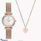 Fossil Carlie Three- Hand Rose Gold- Tone Stainless Steel Mesh Watch And Necklace Box Set ES5314SET